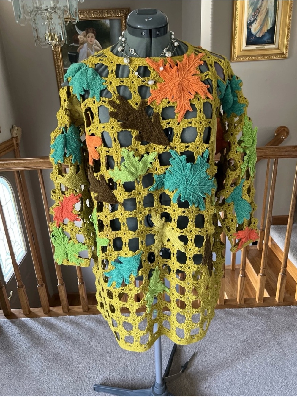 Michael Simon L XL OS Open Knit Crochet Sweater Leaves Fall Autumn